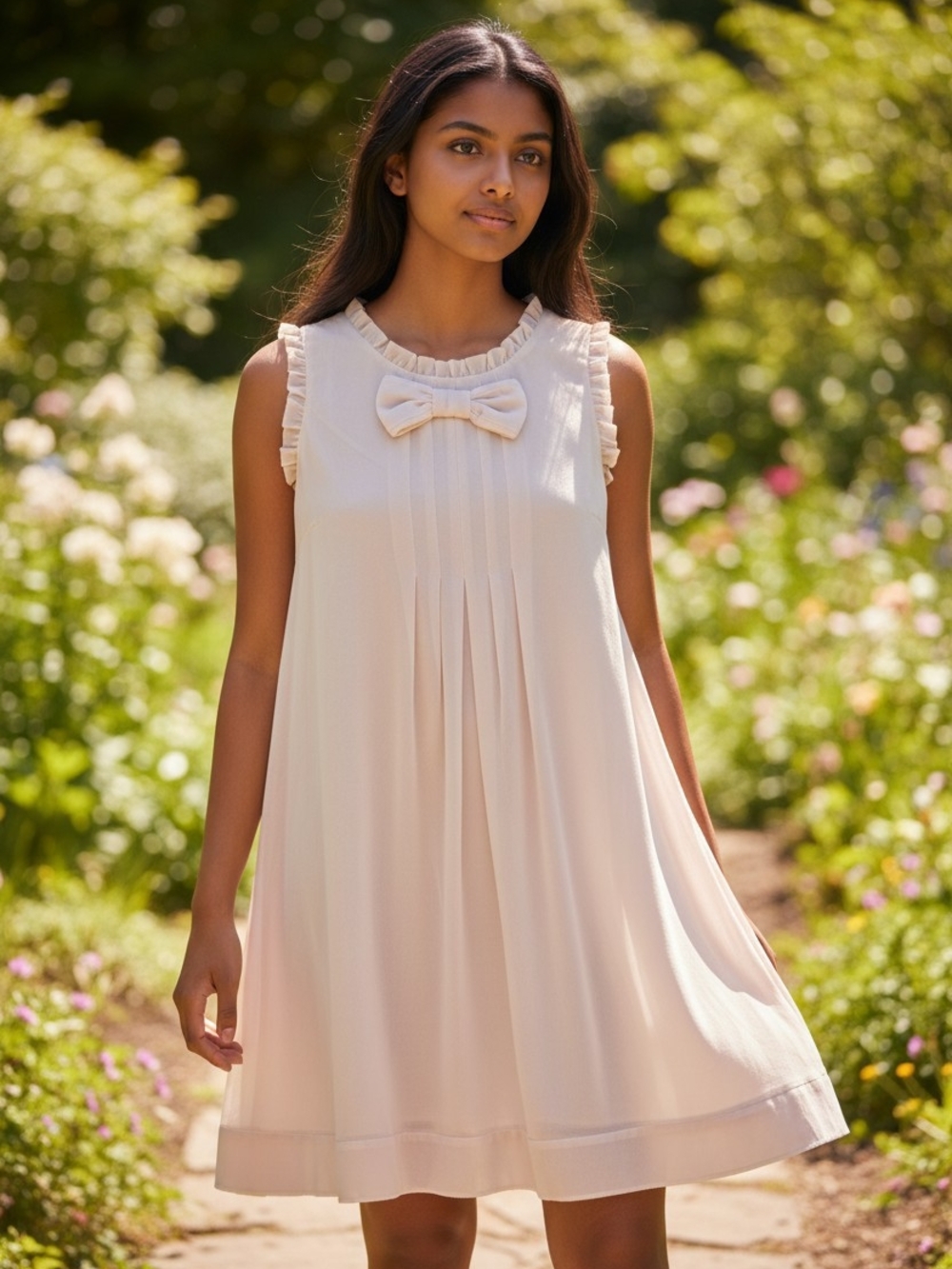Holly Bracken Cream Sleeveless Ruffle Swing Dress With Bow Accent Size Small